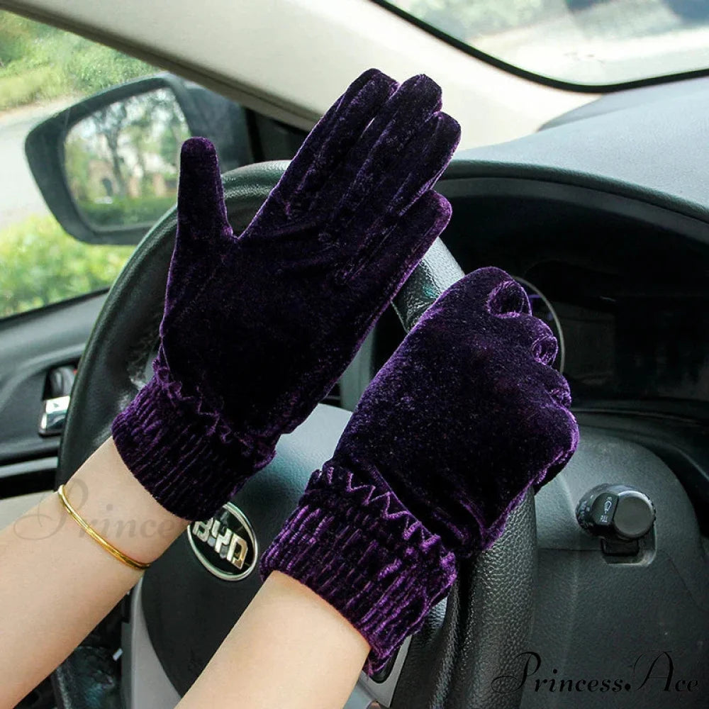 Gold Velvet Winter Full Finger Christmas Gloves - Soft and Comfortable Purple