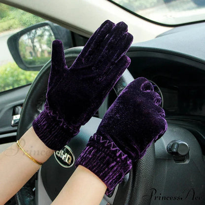 Gold Velvet Winter Full Finger Christmas Gloves - Soft and Comfortable Purple