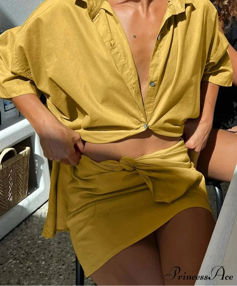 Golden Baggy Three Quarter Sleeve Short Office Twin Set officetwopieceset-250223