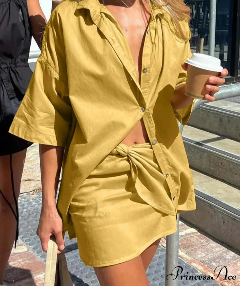 Golden Baggy Three Quarter Sleeve Short Office Twin Set Yellow / S officetwopieceset-250223