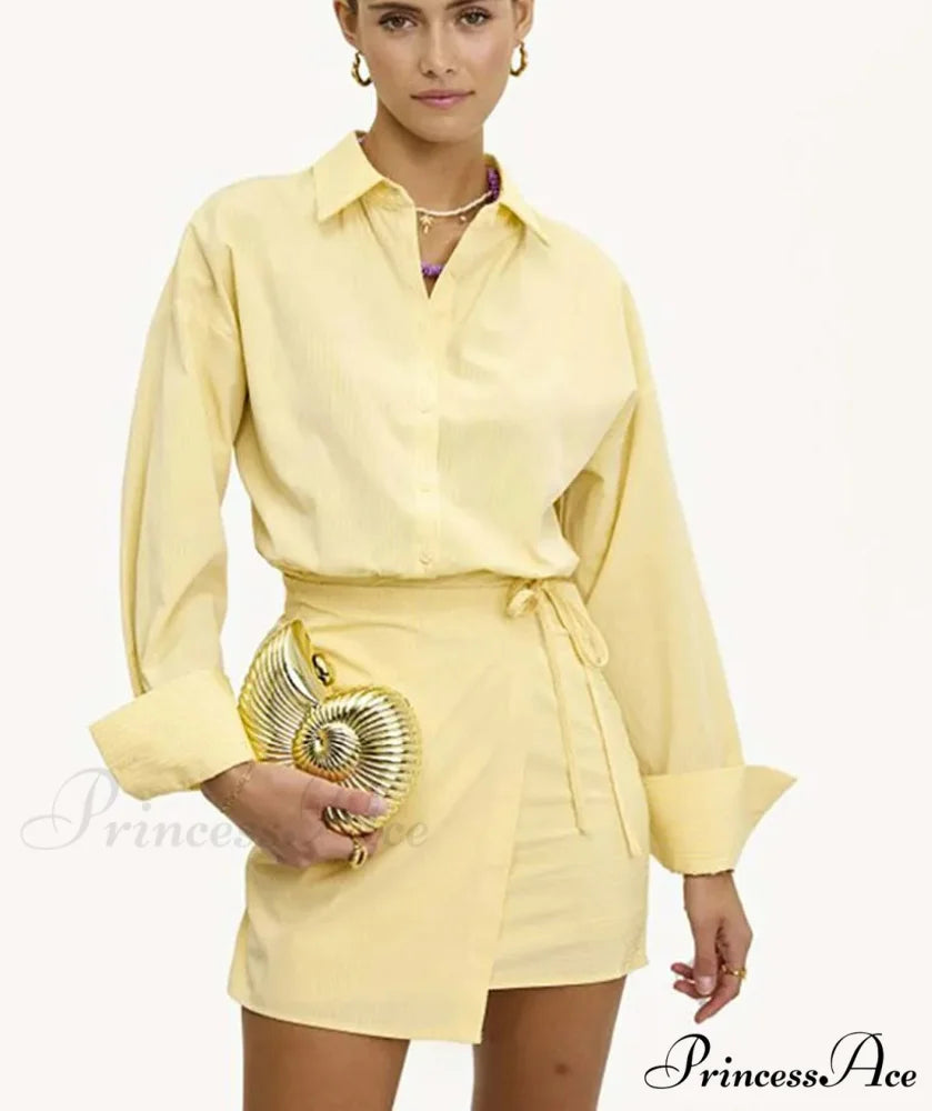 Golden Button Lace-Up Petite Workplace Two Piece Set Yellow / S officetwopieceset-250223