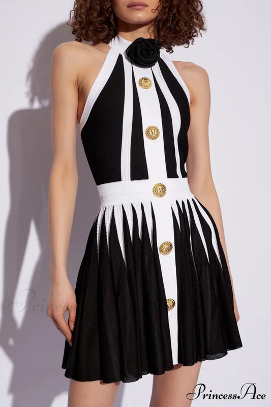 Golden Buttons Patchwork Party Dress Black / XS