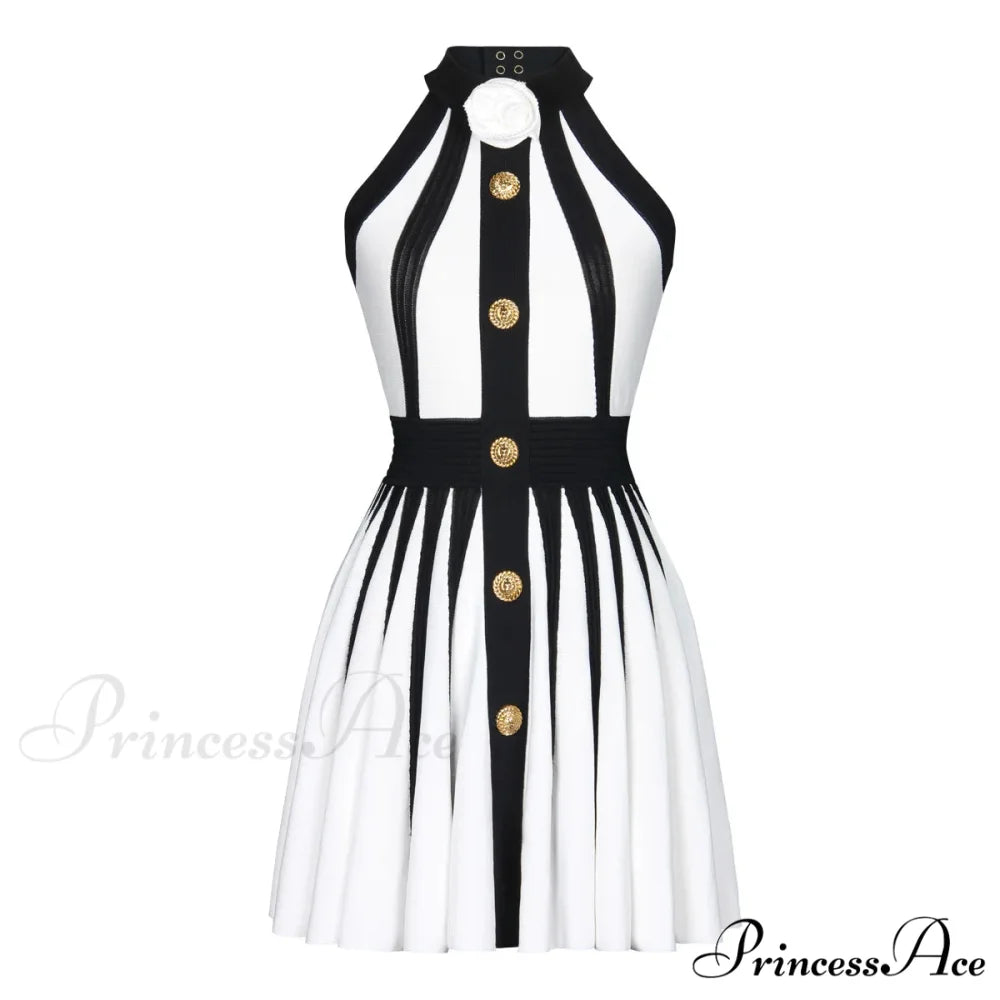Golden Buttons Patchwork Party Dress WHITE / XS
