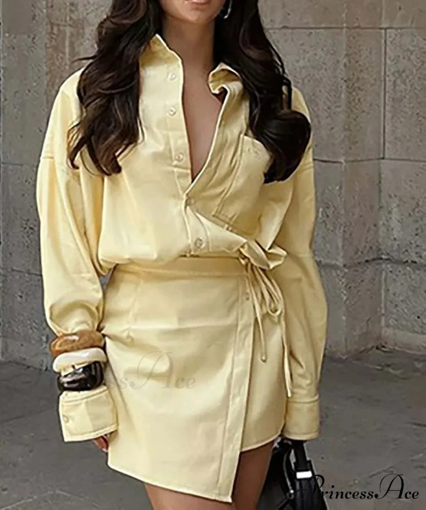 Golden Cotton Pockets Lace-Up Mini Workplace Two Piece Set Yellow / S officetwopieceset-250223