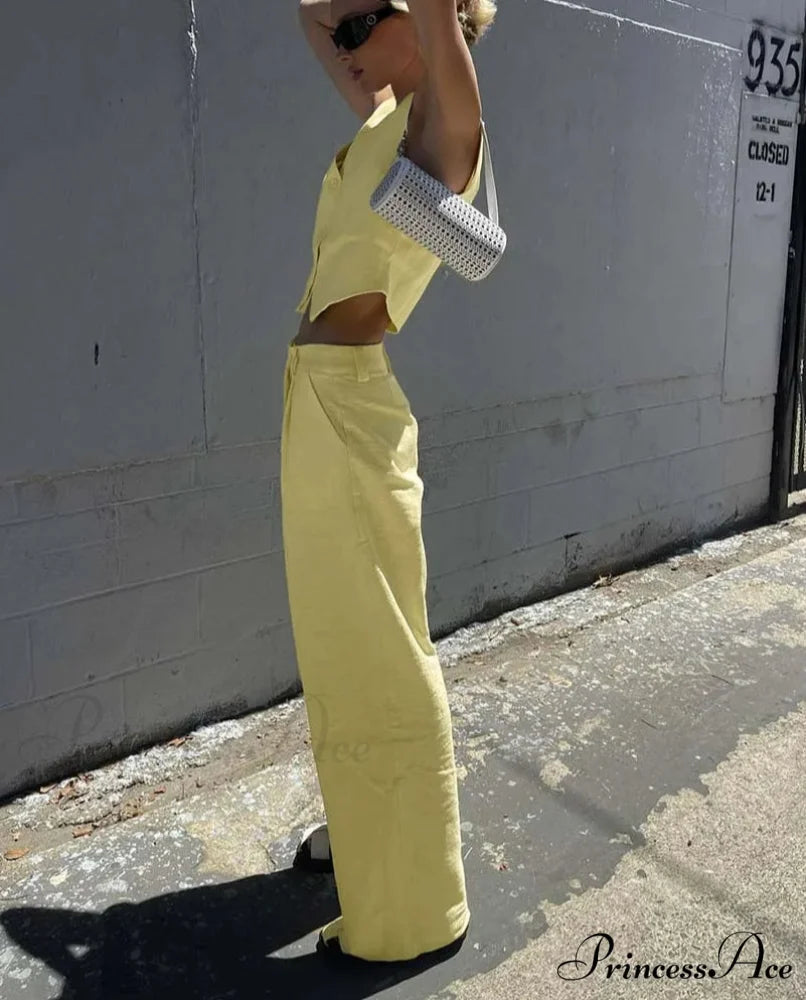 Golden Cotton Sleeveless Crop Pants Workplace Two Piece Set officetwopieceset-250223