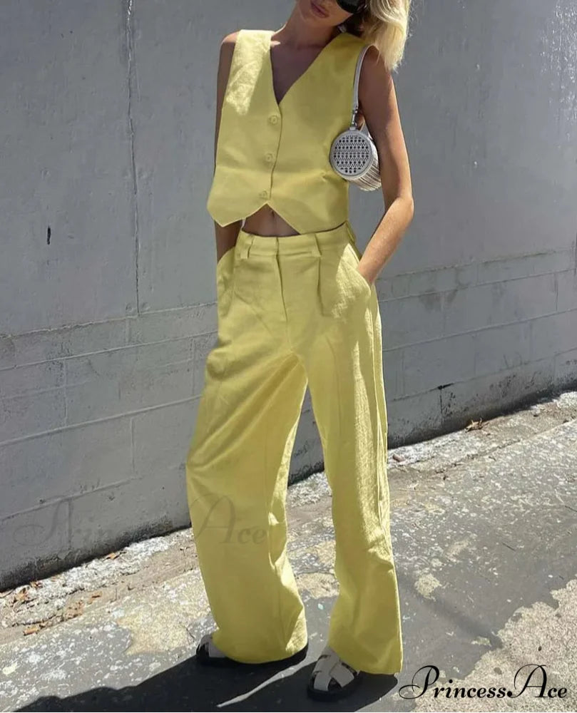 Golden Cotton Sleeveless Crop Pants Workplace Two Piece Set Yellow / S officetwopieceset-250223