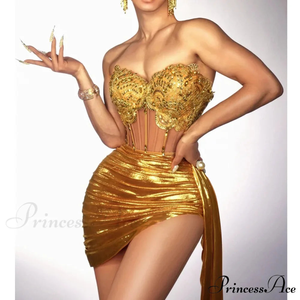 Golden Diamonds Strapless Mini Skirt Party Dress Gold / S