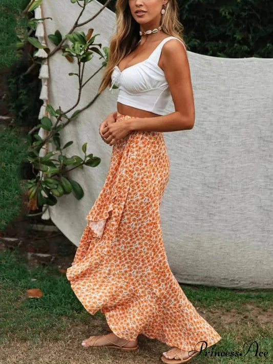 Golden Floral Pattern Rayon Seaside Split Uneven Bohemian Skirt skirt-250126