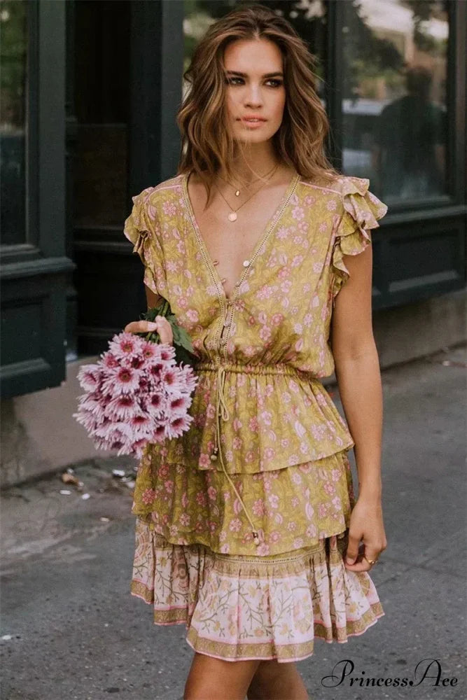 Golden Floral Pattern V-neck Lace Fringe Summer Mini Boho Sundress bohodress-250126