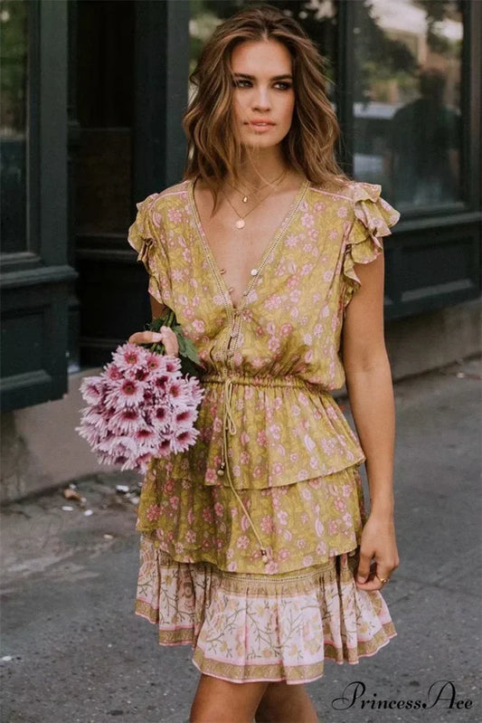 Golden Floral Pattern V-neck Lace Fringe Summer Mini Boho Sundress bohodress-250126