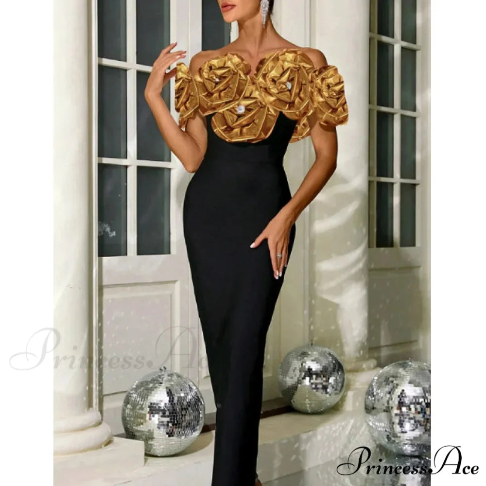 Golden Flower Off-Shoulder Bandage Party Dress Golden Flower / XS