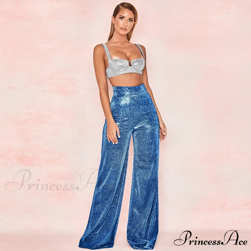 Golden High Waisted Glitter Party Pants Blue / S
