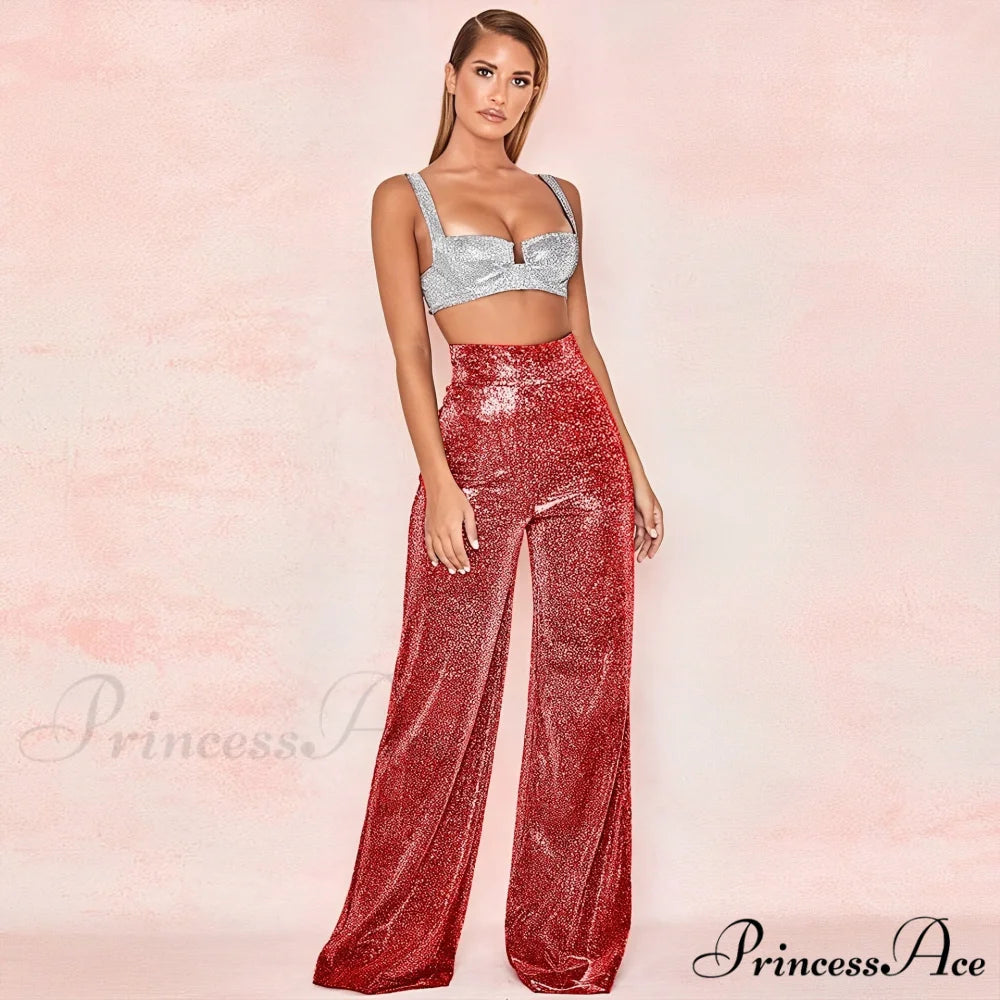 Golden High Waisted Glitter Party Pants Red / S