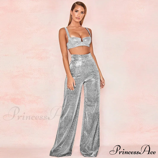 Golden High Waisted Glitter Party Pants Silver / S