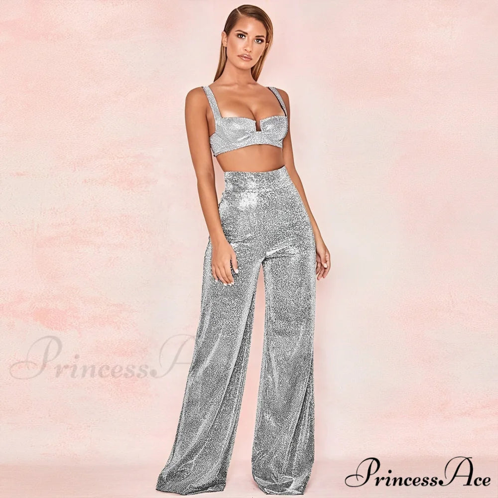 Golden High Waisted Glitter Party Pants Silver / S
