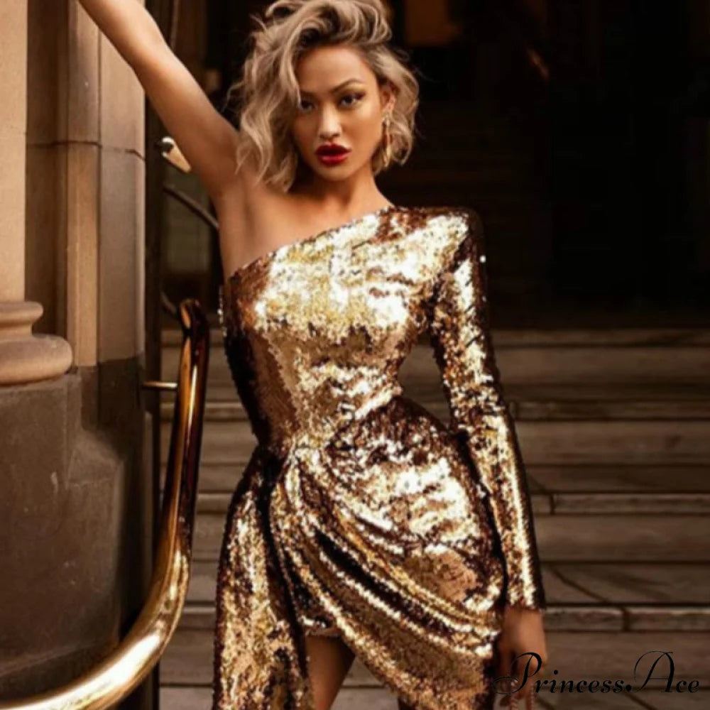Golden Party Shoulder Sequin One Glitter Dress