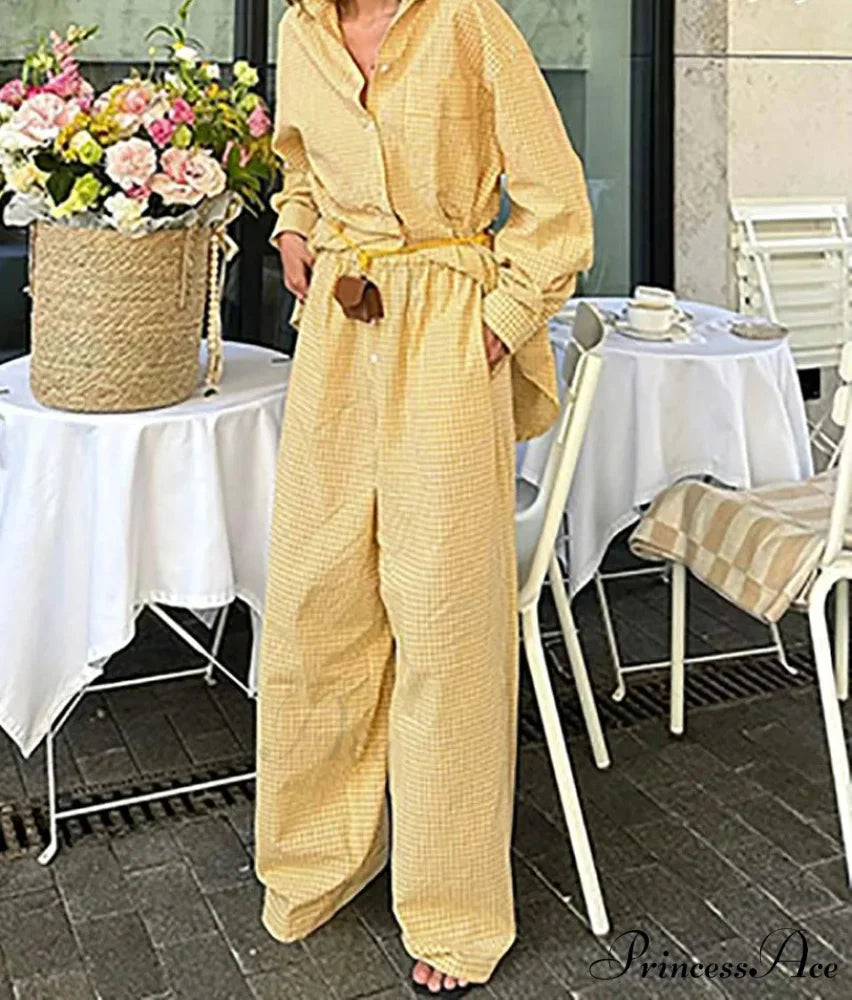 Golden Printed Pockets Button Trousers Workplace Two Piece Ensemble Yellow / S officetwopieceset-250223