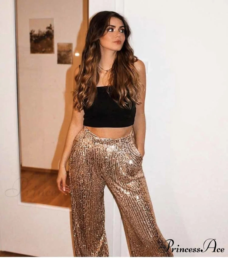 Golden Sequined High Waist Loose Long Trouser