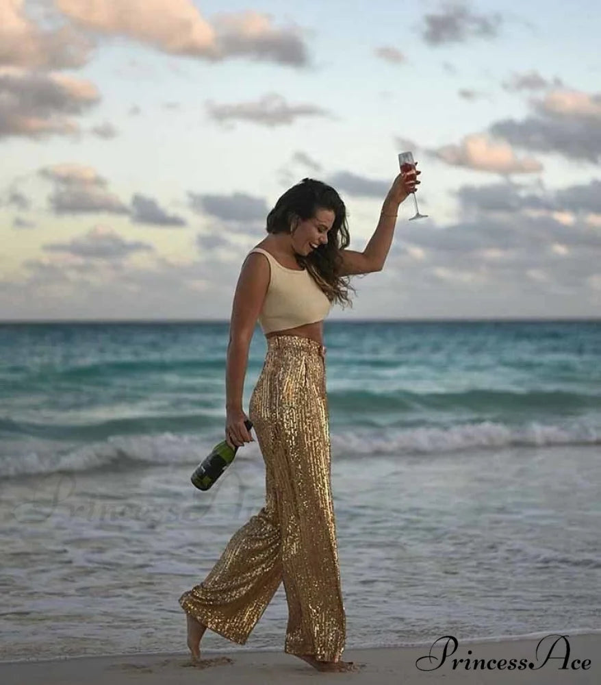 Golden Sequined High Waist Loose Long Trouser