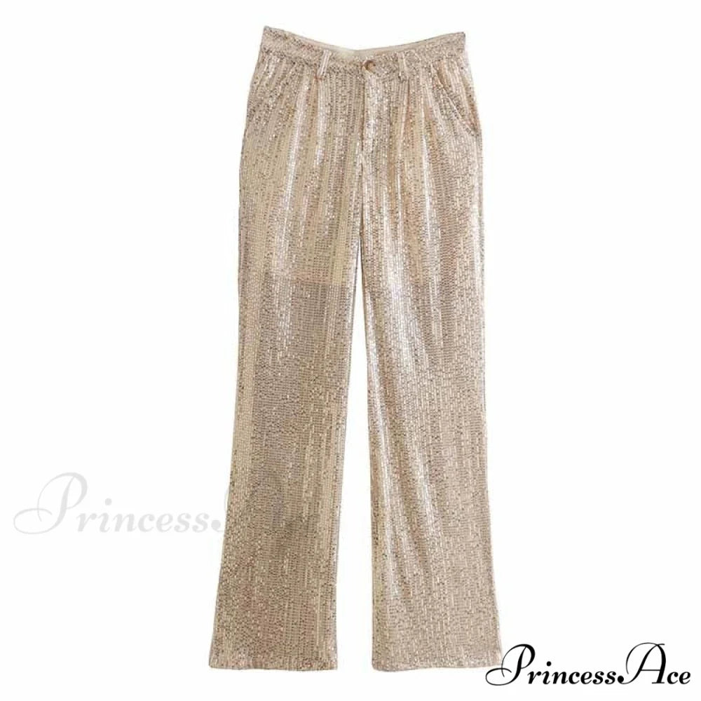 Golden Sequined High Waist Loose Long Trouser