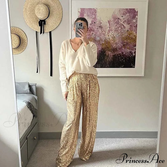Golden Sequined High Waist Loose Long Trouser Gold / S