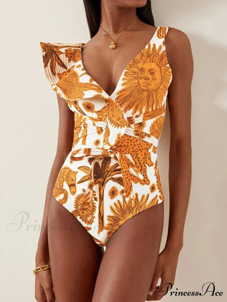 Golden Sun Design V Neck Single Piece Swimsuit Yellow / S onepiece-250223