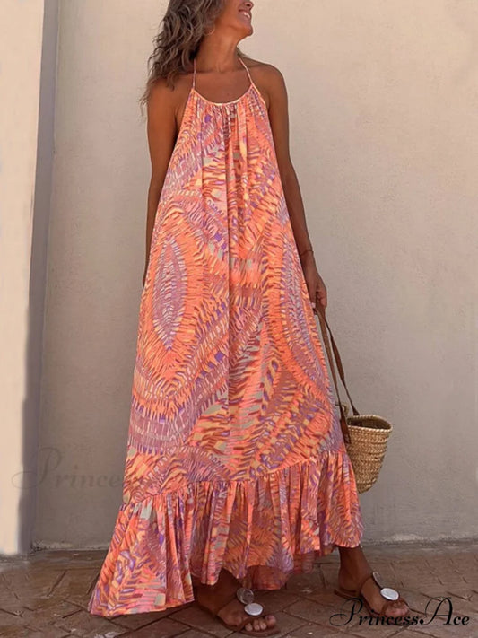 Golden Times Ethnic Print Graceful A-line Vacation Maxi Dress