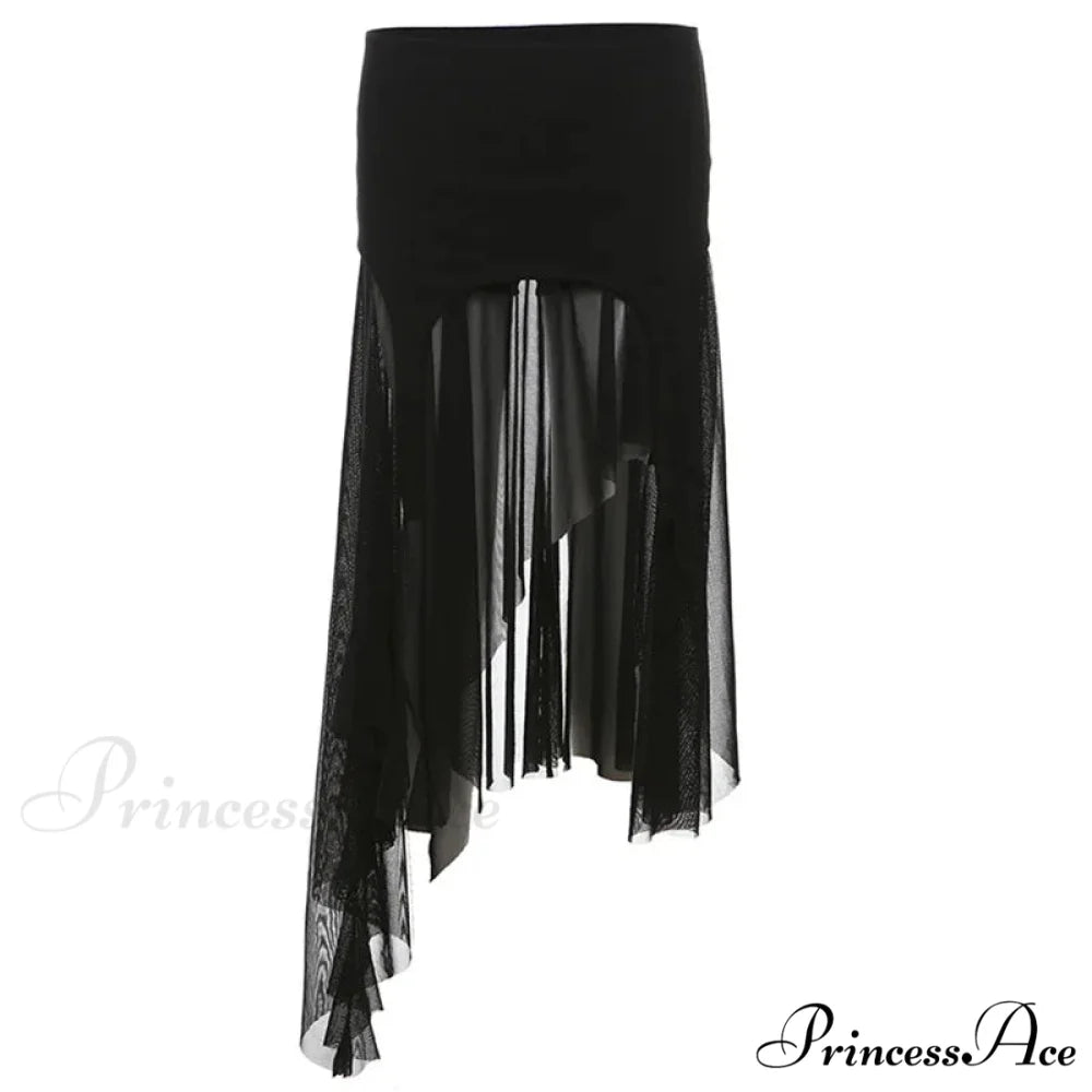 Goth Cyber Y2K Irregular Hem Mid Harajuku Fashion Streetwear Mesh Patchwork Club Alt Skirt Black / S