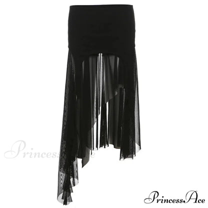 Goth Cyber Y2K Irregular Hem Mid Harajuku Fashion Streetwear Mesh Patchwork Club Alt Skirt Black / S