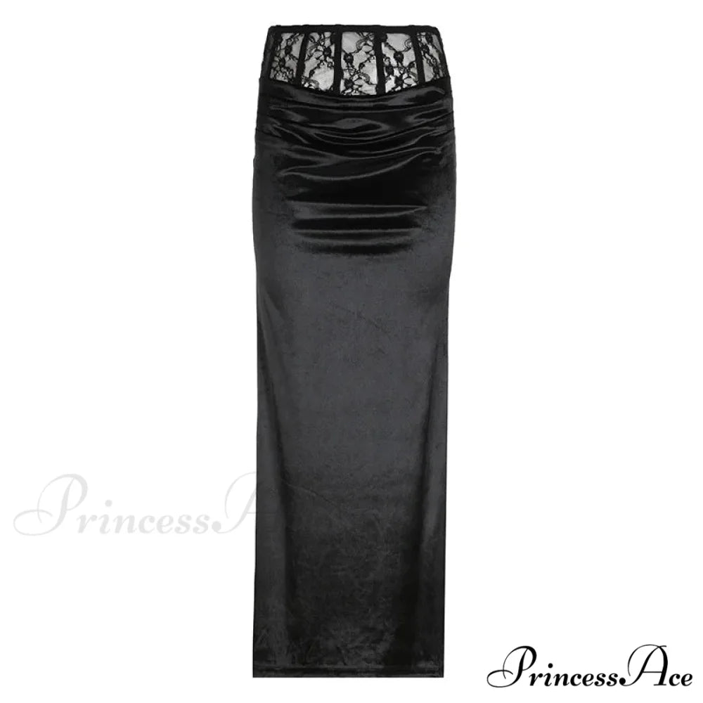 Goth Dark Elegant Mall Gothic Velvet Trumpet Y2k Partywear Lace Patchwork Sexy Long Skirt Black / S