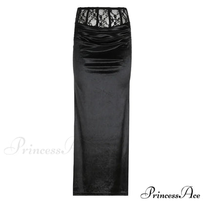 Goth Dark Elegant Mall Gothic Velvet Trumpet Y2k Partywear Lace Patchwork Sexy Long Skirt Black / S