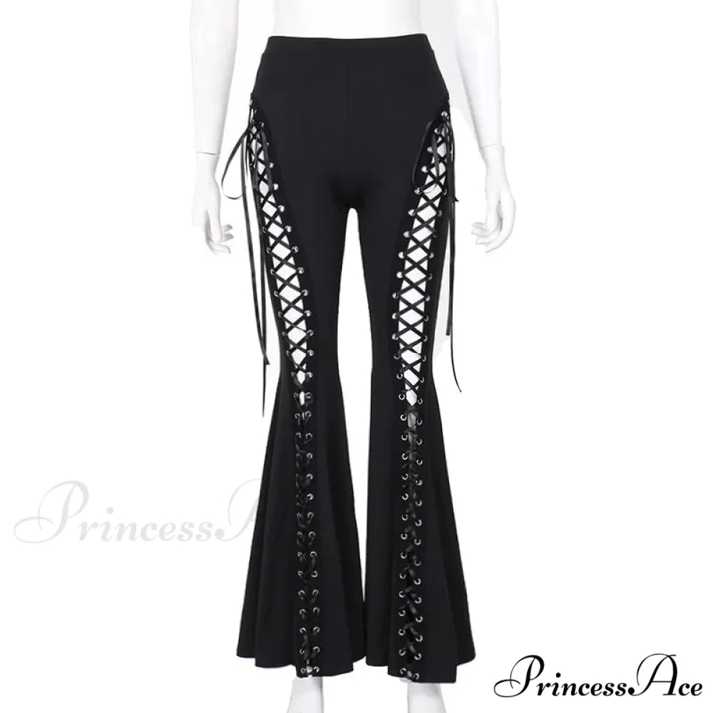 Goth Dark Grunge Streetwear Black Bandage Pants Hollow Flare Pants Black / S
