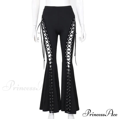 Goth Dark Grunge Streetwear Black Bandage Pants Hollow Flare Pants Black / S