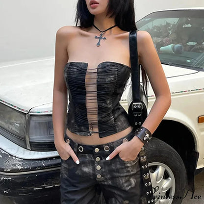 Goth Dark Punk Retro Grunge Strapless Tight Crop Top Black / S