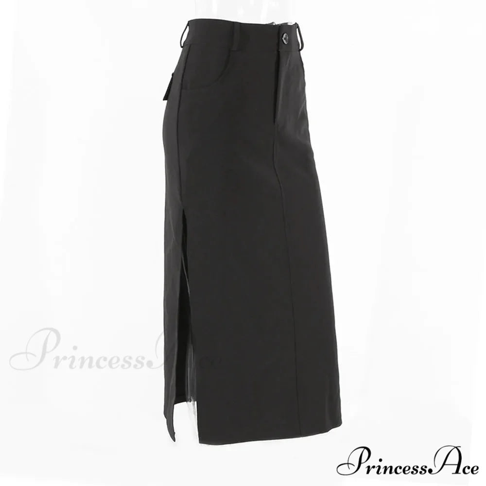 Goth Dark Streetwear Black Y2k Cargo Midi Grunge Gothic Split Sexy High Waist Skirt BLACK / S