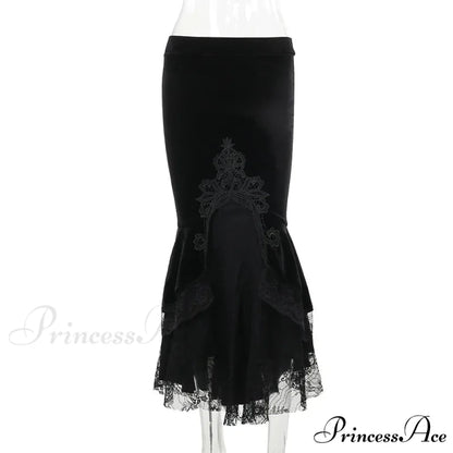 Goth Dark Vintage Mall Gothic Ruffles Mermaid Grunge Aesthetic Lace Hem Midi Women Elegant Skirt Black / S