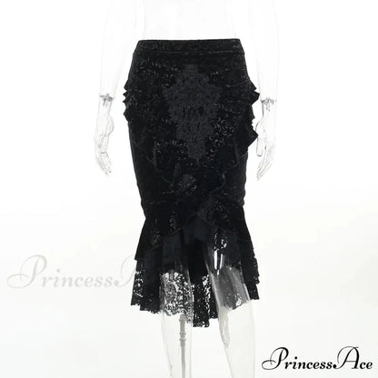 Goth Dark Vintage Mall Gothic Ruffles Mermaid Grunge Aesthetic Lace Hem Midi Women Elegant Skirt BLACK / S