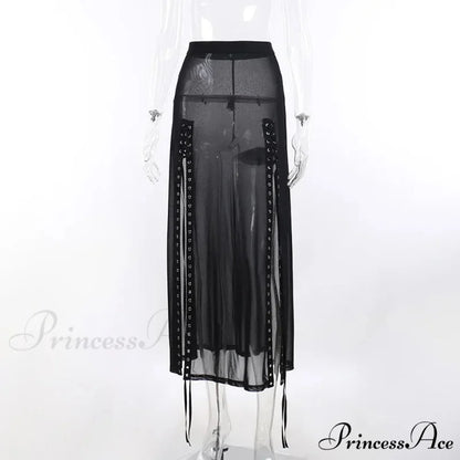 Goth Mesh Perspective Side Slit Lace Up Dark Aesthetical Summer Skirt BLACK / S