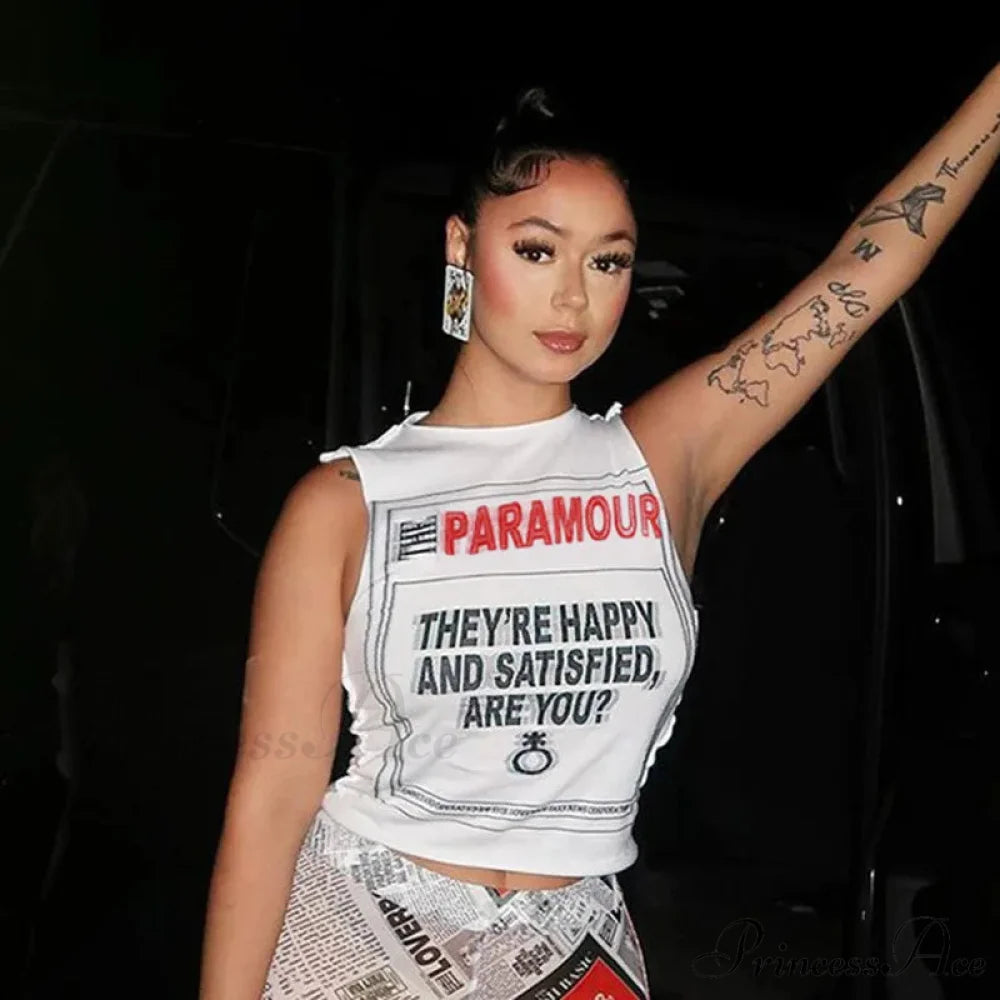 Goth Punk Patchwork Grunge Letter Print White Crop Top White / S