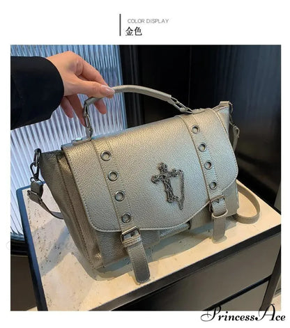 Goth Style Large Capacity Skull Computer Multi-function Unisex Waterproof Backpack Bag Gold