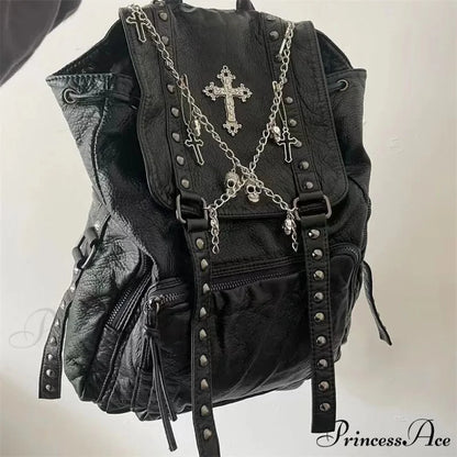 Goth Y2k Black Punk Rivet Chain Skeleton Fashion Women Backpack Bag Black / 40X35cm