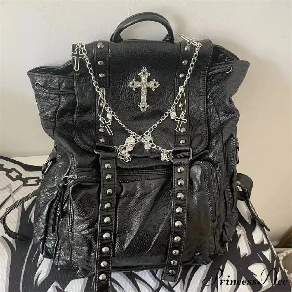 Goth Y2k Black Punk Rivet Chain Skeleton Fashion Women Backpack Bag Black / 40X35cm