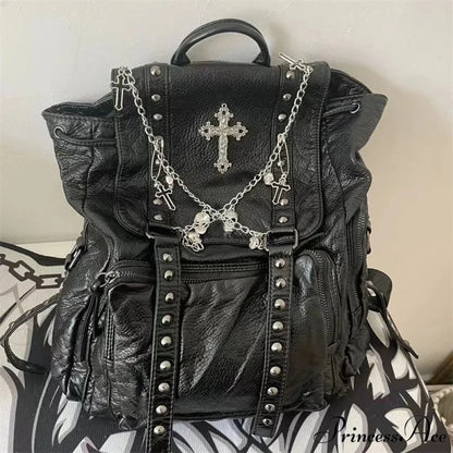 Goth Y2k Black Punk Rivet Chain Skeleton Fashion Women Backpack Bag Black / 40X35cm