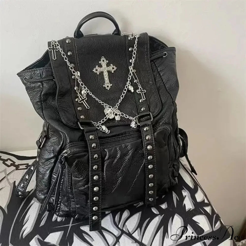 Goth Y2k Black Punk Rivet Chain Skeleton Fashion Women Backpack Bag Black / 40X35cm