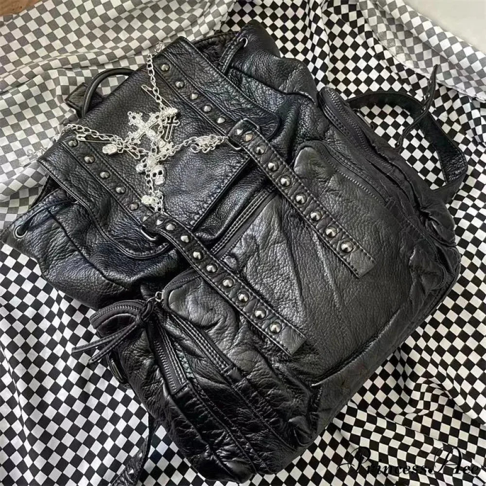 Goth Y2k Black Punk Rivet Chain Skeleton Fashion Women Backpack Bag Black / 40X35cm