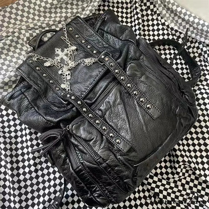 Goth Y2k Black Punk Rivet Chain Skeleton Fashion Women Backpack Bag Black / 40X35cm