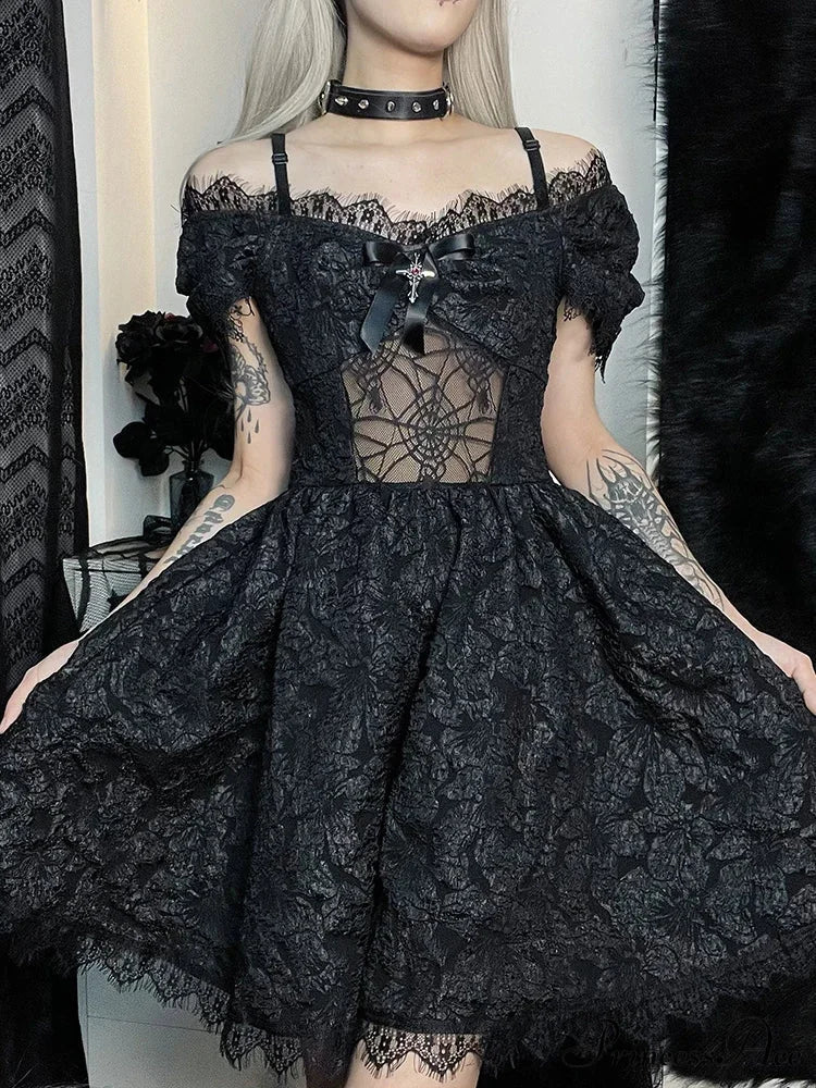 Goth Y2K Fairy Grunge Aesthetic Lace Pattern Spider Web See Through Jacquard Off Shoulder Dress Black / L