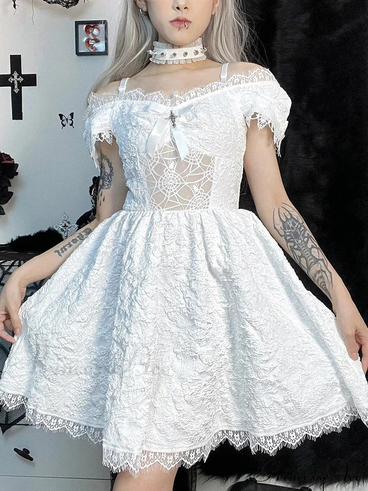 Goth Y2K Fairy Grunge Aesthetic Lace Pattern Spider Web See Through Jacquard Off Shoulder Dress WHITE / L
