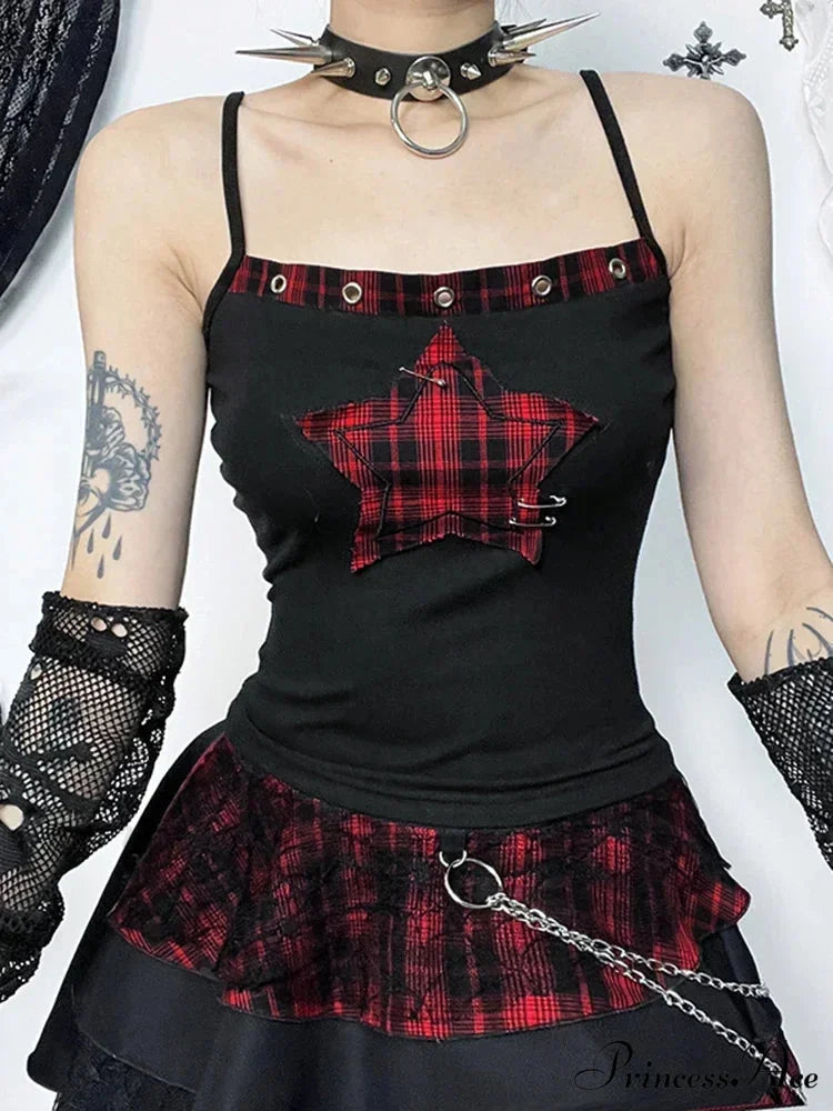 Goth Y2K Pentagram Patchwork Cyber Punk Crop Top A / S