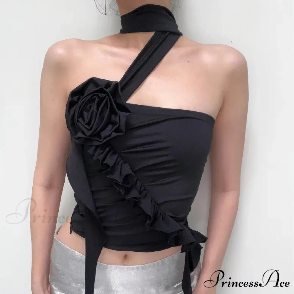 Gothic Backless Aesthetic Flower Ruffles Off Shoulder Crop Top